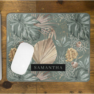 Tropical Watercolor Gold & Green Leaves Pattern  Mouse Mat
