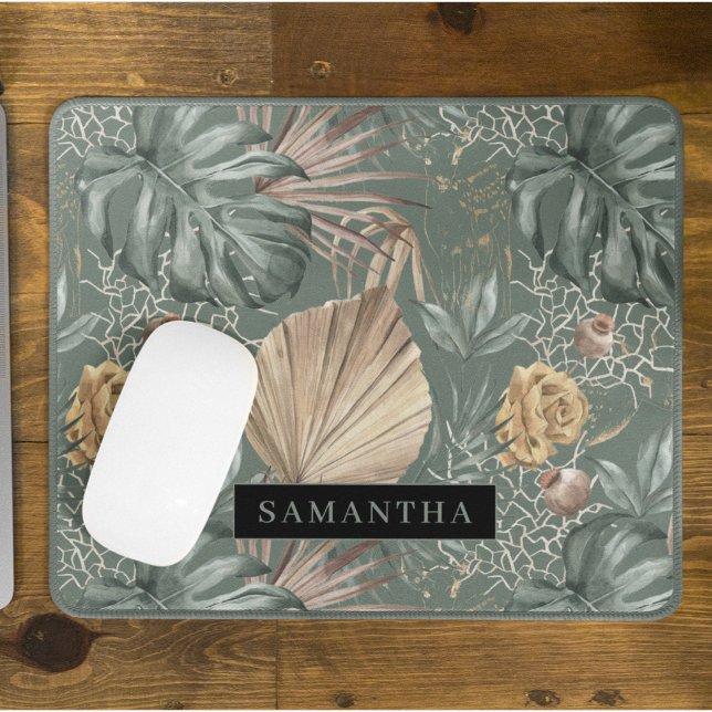 Tropical Watercolor Gold & Green Leaves Pattern  Mouse Mat (Creator Uploaded)