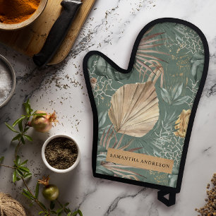 Tropical Watercolor Gold & Green Leaves Pattern Oven Mitt & Pot Holder Set