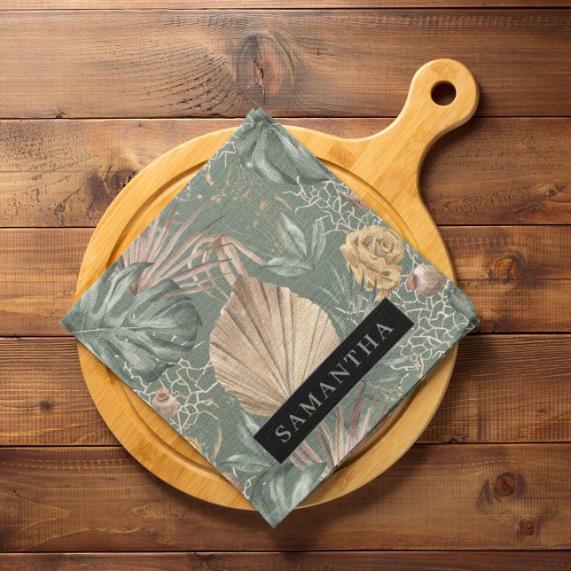 Tropical Watercolor Gold & Green Leaves Pattern  Tea Towel (Creator Uploaded)