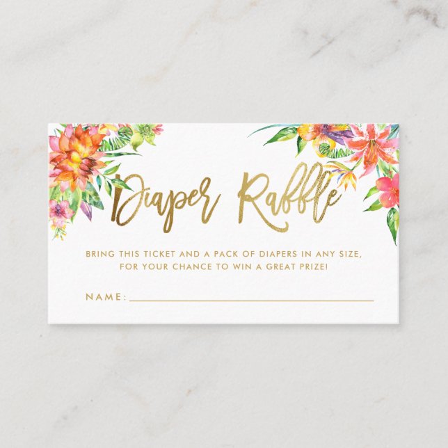 Tropical Watercolor Gold Script Diaper Raffle Card (Front)