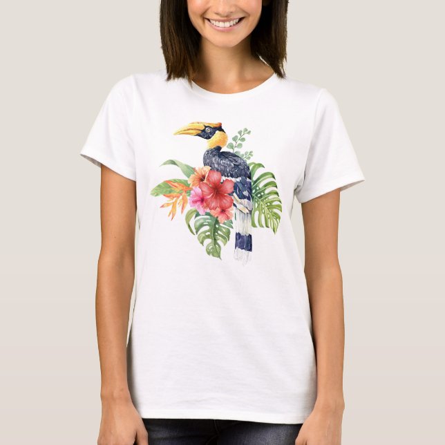 Tropical Watercolor Great Hornbill & Flowers T-Shirt (Front)