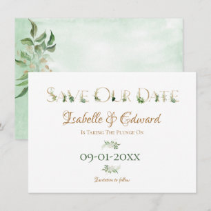 Tropical Watercolor Green & Gold Monstera Leaves Save The Date
