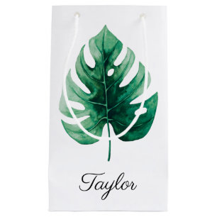 Tropical Watercolor Green Leaf Design With Name Small Gift Bag