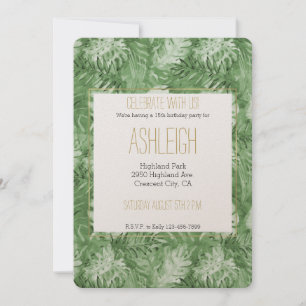 Tropical Watercolor Green Leaves Birthday Invitation