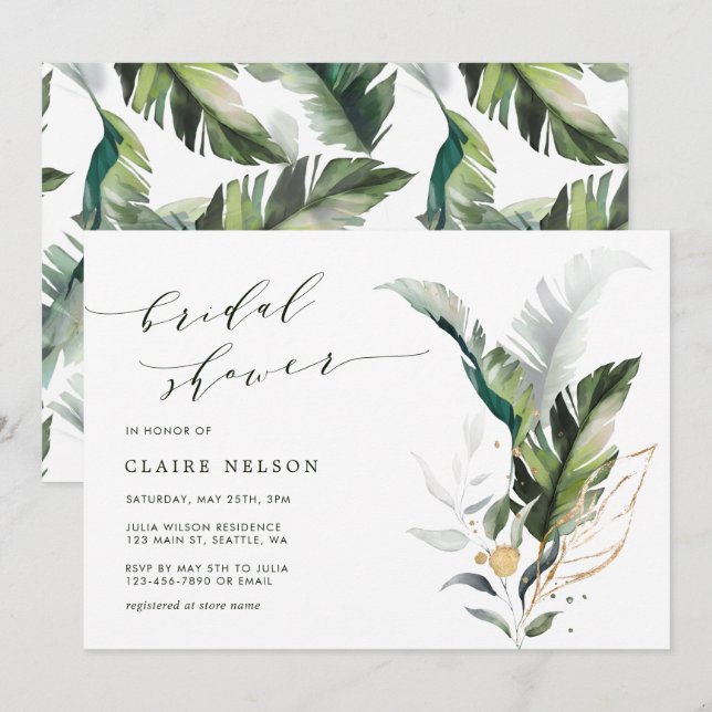 Tropical Watercolor Green Leaves Bridal Shower Invitation (Front/Back)