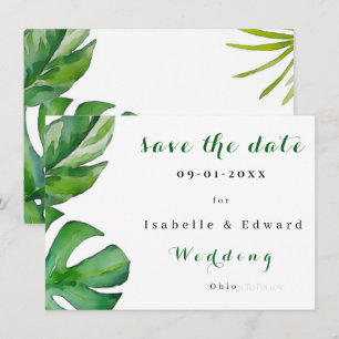 Tropical Watercolor Green Leaves Custom Save The Date