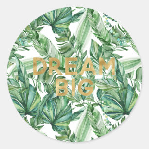 Tropical Watercolor Green Leaves Gold Dream Classic Round Sticker