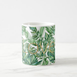 Tropical Watercolor Green Leaves Gold Love (thin) Coffee Mug