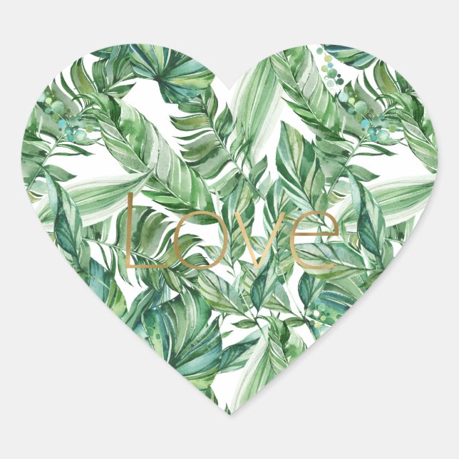 Tropical Watercolor Green Leaves Gold Love (thin) Heart Sticker (Front)