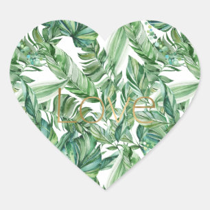 Tropical Watercolor Green Leaves Gold Love (thin) Heart Sticker