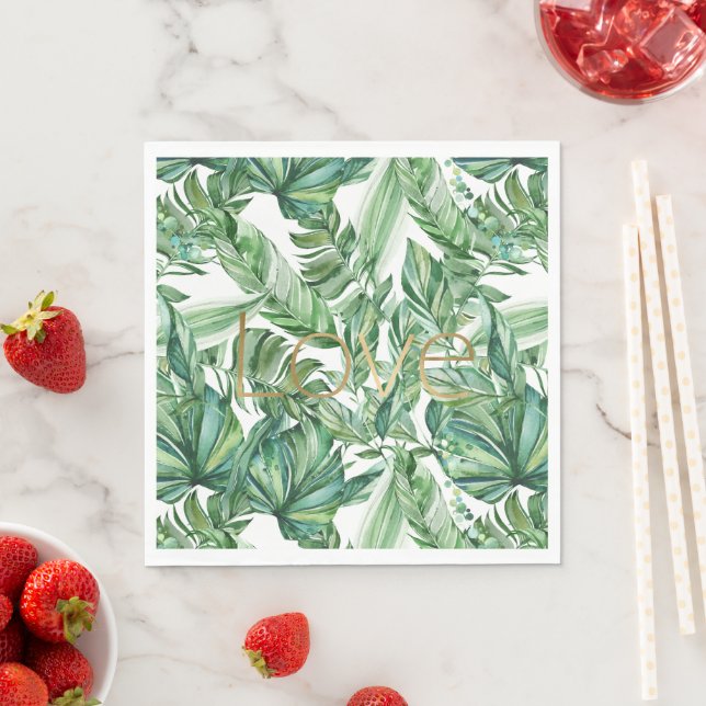 Tropical Watercolor Green Leaves Gold Love (thin) Napkin (Insitu)