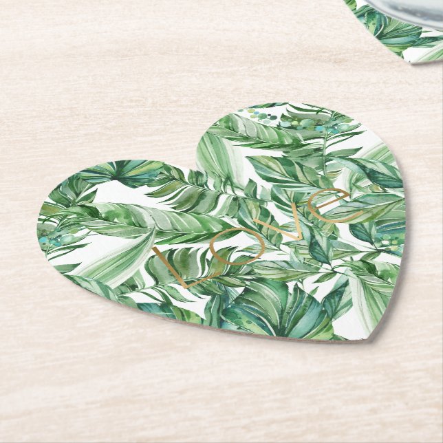 Tropical Watercolor Green Leaves Gold Love (thin) Paper Coaster (Angled)