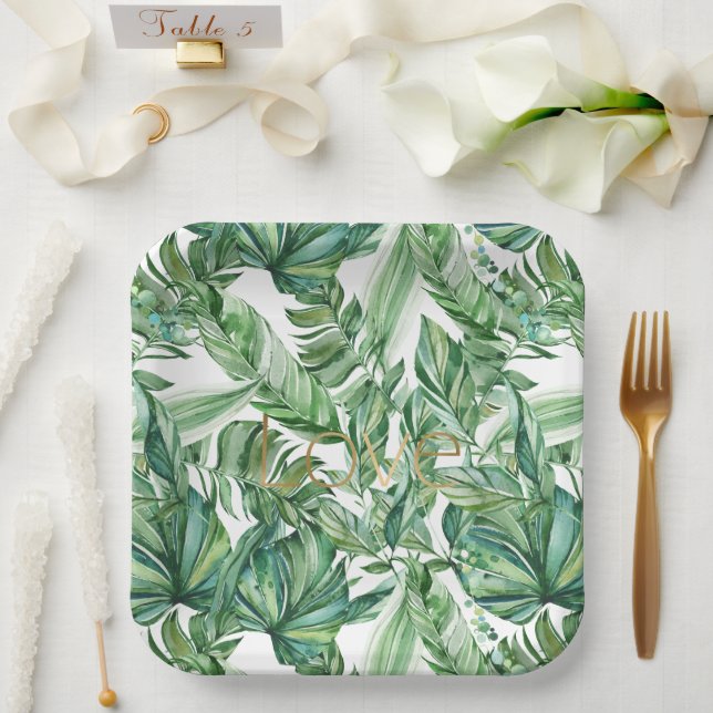 Tropical Watercolor Green Leaves Gold Love (thin) Paper Plate (Wedding)