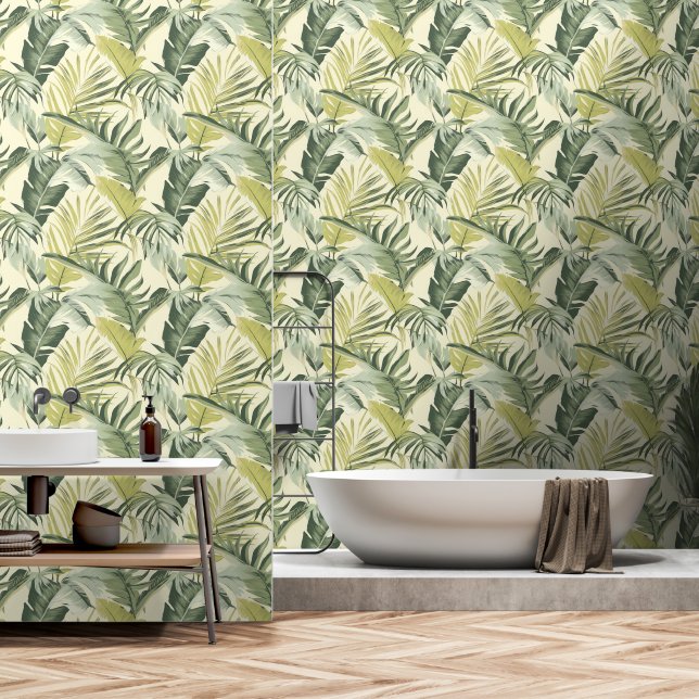 Tropical Watercolor Green Leaves Seamless Pattern  Wallpaper (Bathroom)