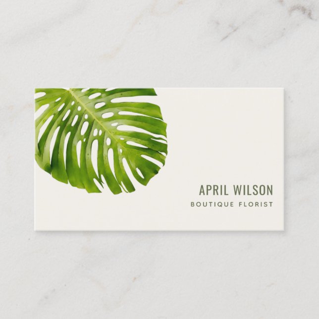 TROPICAL WATERCOLOR GREEN MONSTERA LEAF FOLIAGE BUSINESS CARD (Front)