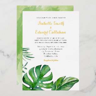 Tropical Watercolor Green Monstera Leaves Wedding