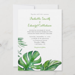Tropical Watercolor Green Monstera Leaves Wedding Invitation