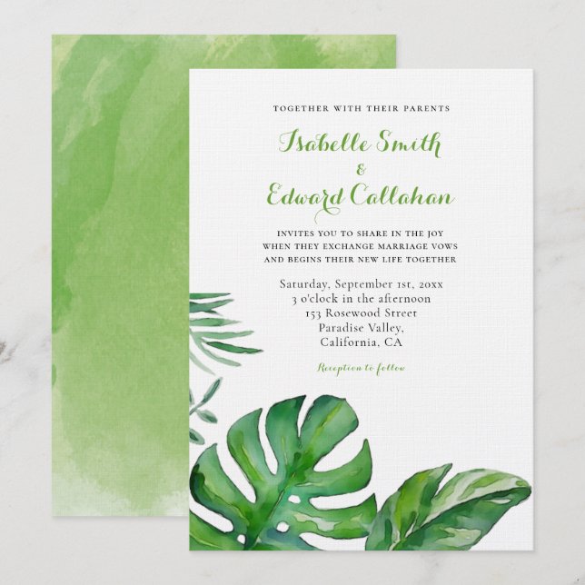 Tropical Watercolor Green Monstera Leaves Wedding  Invitation (Front/Back)