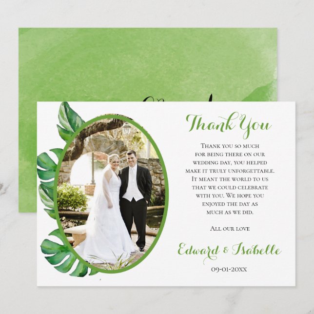 Tropical Watercolor Green Monstera Leaves Wedding Thank You Card (Front/Back)