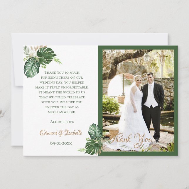 Tropical Watercolor Green Palm Leaves Wedding Thank You Card (Front)