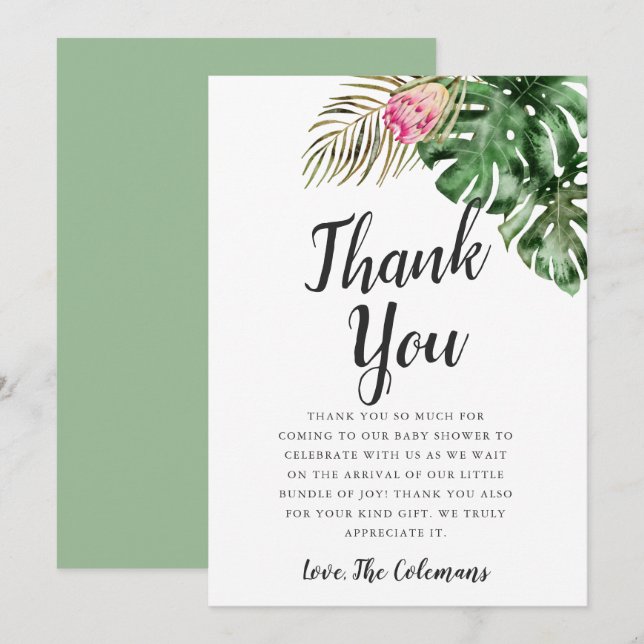 Tropical Watercolor Greenery Baby Shower Thank You Card (Front/Back)