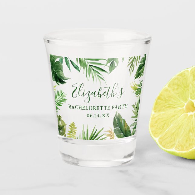 Tropical Watercolor Greenery Bachelorette Party Shot Glass (Front)