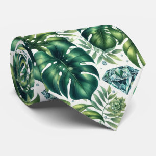 Tropical Watercolor Greenery Leaves with Diamonds Tie