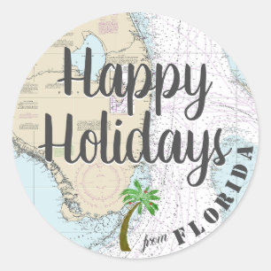 Tropical Watercolor Happy Holidays from Florida Classic Round Sticker