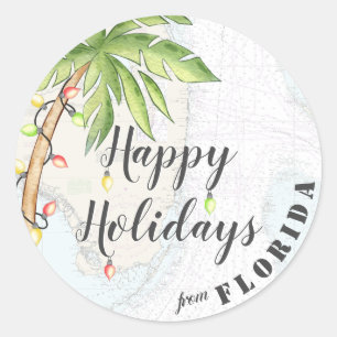 Tropical Watercolor Happy Holidays from Florida  Classic Round Sticker