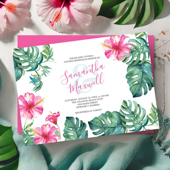 Tropical Watercolor Hibiscus Flower Couples Shower (Bright wedding invitations watercolor pink hibiscus flowers and palm leaves by Victoria Grigaliunas)