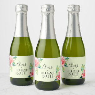 Tropical Watercolor Hibiscus Flowers on Green Mini Sparkling Wine Label