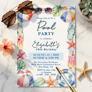 Tropical Watercolor Kids Pool Party Birthday Invitation