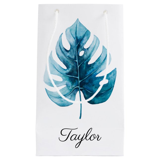 Tropical Watercolor Leaf Design With Name Small Gift Bag (Front)