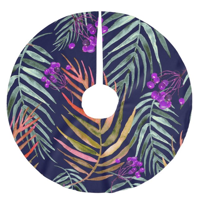 Tropical watercolor leaves, abstract splash. brushed polyester tree skirt (Front)