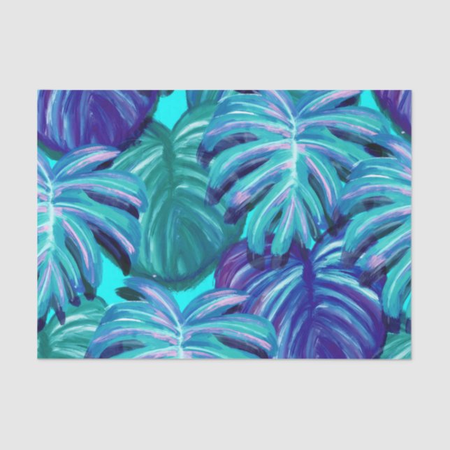 Tropical Watercolor Leaves Blue Green Purple Tissue Paper (Front)