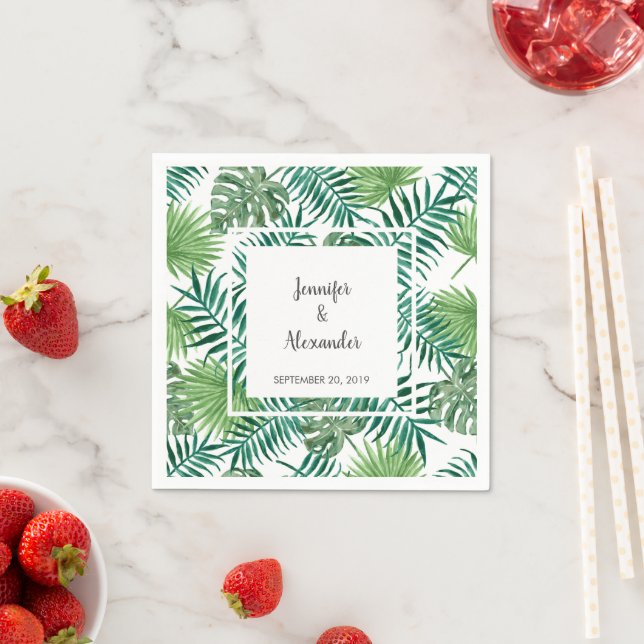 Tropical watercolor leaves bride groom wedding napkin (Insitu)