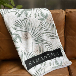Tropical Watercolor Leaves & Flowers Pattern Fleece Blanket
