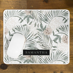 Tropical Watercolor Leaves & Flowers Pattern Mouse Mat