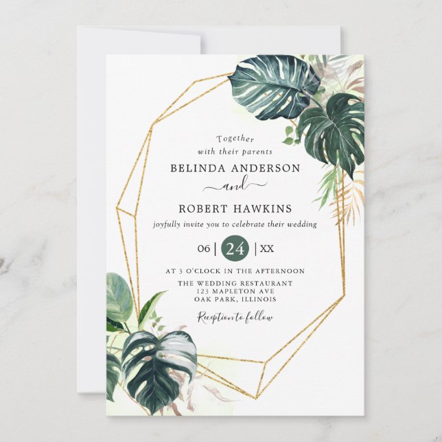 Tropical Watercolor Leaves Gold Frame Wedding Invitation (Front)