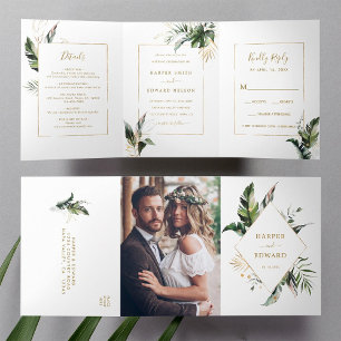Tropical Watercolor Leaves Gold Frame Wedding Tri-Fold Invitation