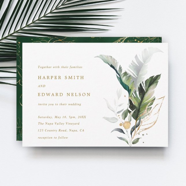 Tropical Watercolor Leaves Gold Wedding Invitation (Creator Uploaded)