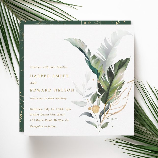 Tropical Watercolor Leaves Gold Wedding Square Invitation (Creator Uploaded)