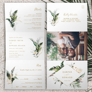 Tropical Watercolor Leaves Gold Wedding Tri-Fold Invitation