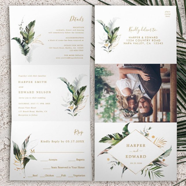Tropical Watercolor Leaves Gold Wedding Tri-Fold Invitation (Inside & Outside)