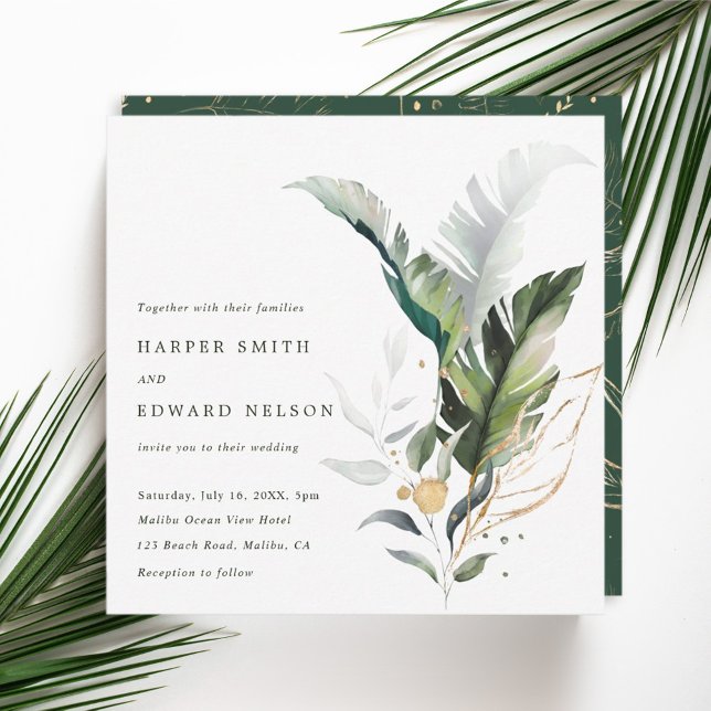 Tropical Watercolor Leaves Green Wedding Square Invitation (Creator Uploaded)