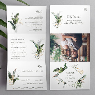 Tropical Watercolor Leaves Green Wedding Tri-Fold Invitation