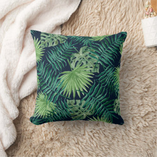 Tropical Watercolor Leaves on Navy Blue Background Cushion