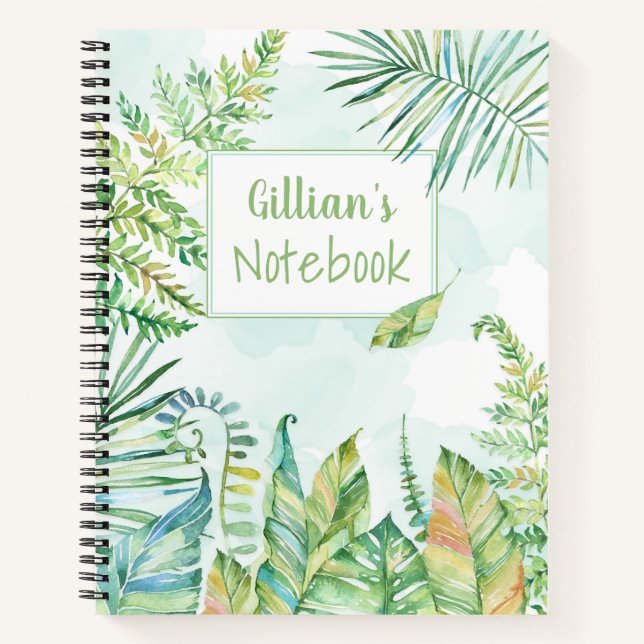 Tropical Watercolor Leaves Scene Notebook (Front)