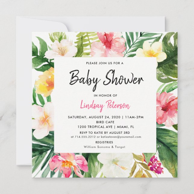 Tropical Watercolor Leaves Square Baby Shower Invitation (Front)